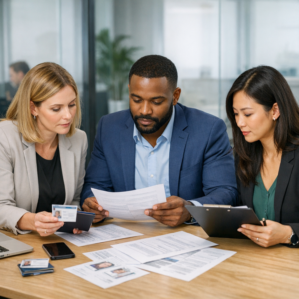 Professional HR team reviewing right to work compliance documentation in modern office setting